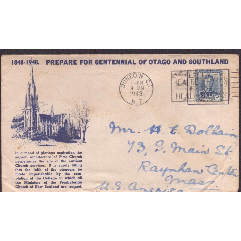 1948 New Zealand Otago Southland Centennial Cover Dunedin Postmark Health Stamp - Picture 1 of 2